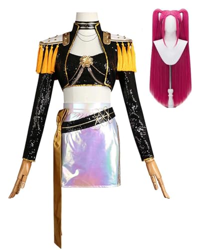 Bauxhie Demon Hunters Cosplay Mira Kostüm Frauen Jacke Tops Rock Gürtel Halskette Full Set für Halloween (Schwarz + Perücke, M) von Bauxhie