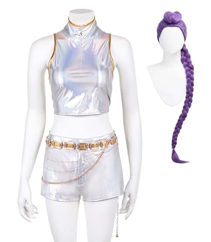 Bauxhie Demon Hunters Kostüm Rumi Cosplay Goldene Outfits Oberteile Shorts Gürtel Uniformanzug für Halloween (Weiß + Perücke, L) von Bauxhie