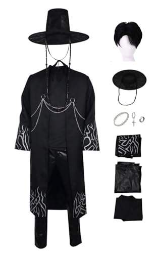 Bauxhie Demon Hunters Kostüm Sajaboys Cosplay Jinu Kostüm Mantel Oberteil Hose mit Hut Deluxe Halloween Anzug (Schwarz + Perücke, M) von Bauxhie