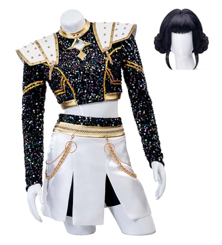 Bauxhie Erwachsene Frauen Zoey Demon Hunters Outfits Goldene Performance Uniform Komplettset für Halloween (Schwarz + Perücke, XS) von Bauxhie