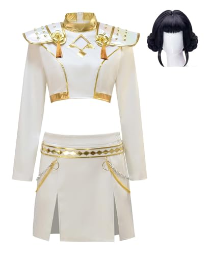 Bauxhie Erwachsene Frauen Zoey Demon Hunters Outfits Goldene Performance Uniform Komplettset für Halloween (Weiß + Perücke, M) von Bauxhie