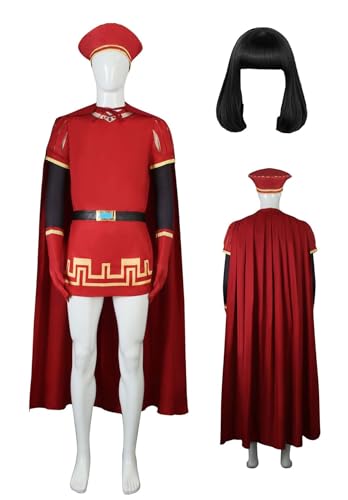 Bauxhie Erwachsene Lord Farquaad Kostüm Herren König Farquaad Cosplay Halloween Outfits Mantel Tunika Hut Rot Anzug (Rot + Perücke, M) von Bauxhie