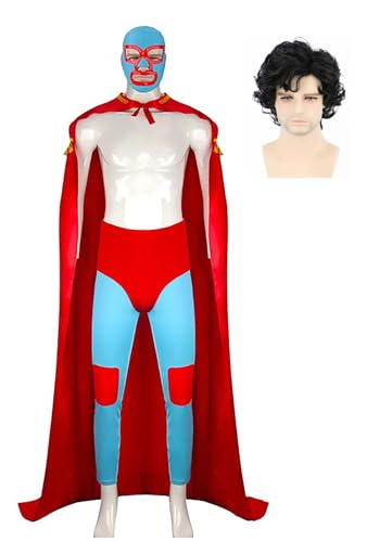 Bauxhie Erwachsene Mexican Wrestler Kostüm Herren Cape Hose mit Maske Rot Outfits für Halloween Party (Rot + Perücke, M) von Bauxhie