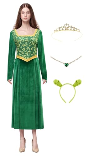 Bauxhie Erwachsene Princess Fiona Kostüm Damen Fiona Cosplay Kleid Grün Samt Kleid mit Zubehör Full Set für Halloween (Grün, M) von Bauxhie