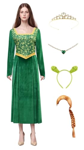 Bauxhie Erwachsene Princess Fiona Kostüm Damen Fiona Cosplay Kleid Grün Samt Kleid mit Zubehör Full Set für Halloween (Grün + Perücke, XS) von Bauxhie