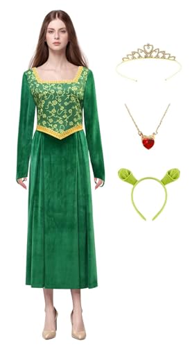 Bauxhie Erwachsene Princess Fiona Kostüm Damen Fiona Cosplay Kleid Grün Samt Kleid mit Zubehör Full Set für Halloween (Rot, M) von Bauxhie