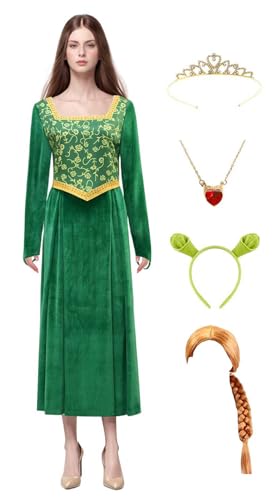 Bauxhie Erwachsene Princess Fiona Kostüm Damen Fiona Cosplay Kleid Grün Samt Kleid mit Zubehör Full Set für Halloween (Rot + Perücke, XS) von Bauxhie