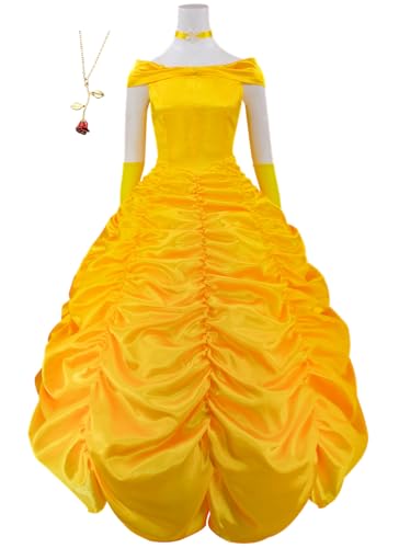 Bauxhie Erwachsene Prinzessin Belle Kostüm Damen Belle Kleid mit Handschuhen Halskette Halloween Cosplay Outfits (Gelb 1, M) von Bauxhie