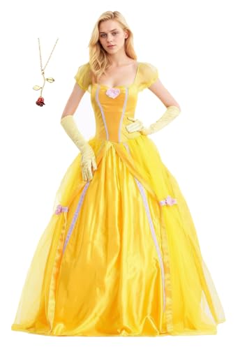 Bauxhie Erwachsene Prinzessin Belle Kostüm Damen Belle Kleid mit Handschuhen Halskette Halloween Cosplay Outfits (Gelb 2, L) von Bauxhie