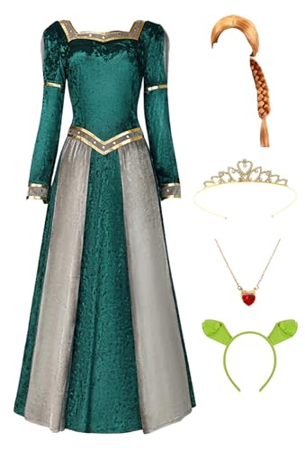 Bauxhie Erwachsene Prinzessin Fiona Cosplay Kostüme Deman lange Ärmel grünes Kleid Kleid mit Zubehör für Halloween (Rot + Perücke, XXL) von Bauxhie