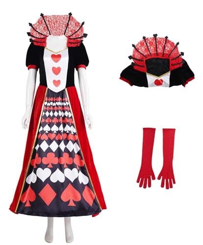 Bauxhie Erwachsene Queen of Hearts Cosplay Kostüm Damen Red Queen Kleid mit Handschuhen Halloween Anzug (Rot, XXL) von Bauxhie