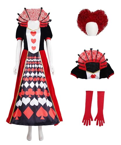 Bauxhie Erwachsene Queen of Hearts Cosplay Kostüm Damen Red Queen Kleid mit Handschuhen Halloween Anzug (Rot + Perücke, 3XL) von Bauxhie