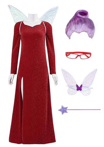 Bauxhie Fairy Godmother Kostüm für Damen Rotes Paillettenkleid mit Zubehör Halloween Cosplay Outfits (Rot + Perücke, M) von Bauxhie