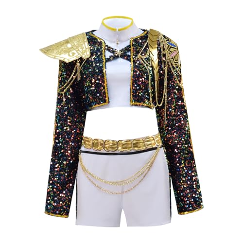Bauxhie Frauen Rumi Kostüm Goldenes Outfit Erwachsene Demon Hunters Cosplay Halloween Outfits Deluxe Auftrittsanzug (Schwarz, XXL) von Bauxhie