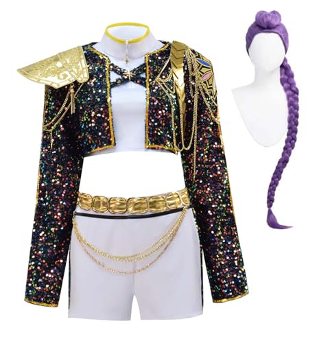 Bauxhie Frauen Rumi Kostüm Goldenes Outfit Erwachsene Demon Hunters Cosplay Halloween Outfits Deluxe Auftrittsanzug (Schwarz + Perücke, XL) von Bauxhie