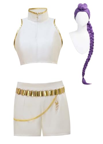 Bauxhie Frauen Rumi Kostüm Goldenes Outfit Erwachsene Demon Hunters Cosplay Halloween Outfits Deluxe Auftrittsanzug (Weiß + Perücke, 3XL) von Bauxhie