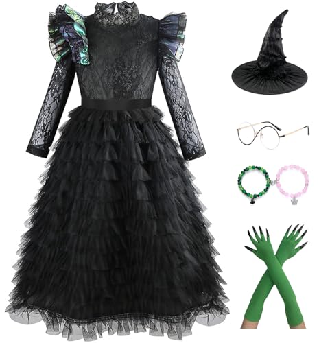 Bauxhie Girls Ginda Costume Kids Elphaba Dress with Hat and Cape Bracelets Suit Witch Costume for Halloween (Schwarz 2, 9-10 Jahre) von Bauxhie