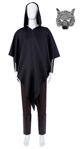 Bauxhie Herren Cat in Boots Cosplay Outfits Death Wolf Kostüm Kapuzenumhang Hose Maske Halloween Komplett Set (Schwarz + Maske, M) von Bauxhie