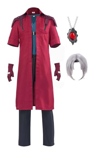 Bauxhie Herren Devil Dante Cosplay Kostüm rote Jacke Shirt Hose Handschuhe Halskette Full Set für Hallwoeen (Rot + Perücke, XXL) von Bauxhie