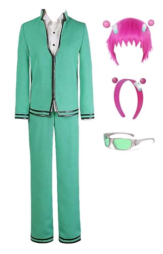 Bauxhie Herren Saiki Kusuo Kostüm Saiki K Cosplay Schuluniform Anzug mit Brille Hallwoeen Outfits (Grün + Perücke, XXL) von Bauxhie