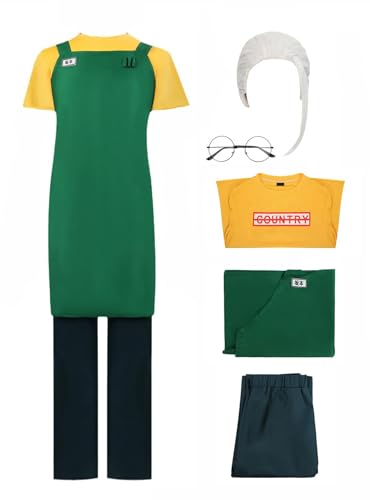 Bauxhie Herren Sakamoto Days Copslay Outfits Taro Sakamoto Kostüm Schürze Hemd Hose Brille Halloween Anzug (Grün + Perücke, XXL) von Bauxhie