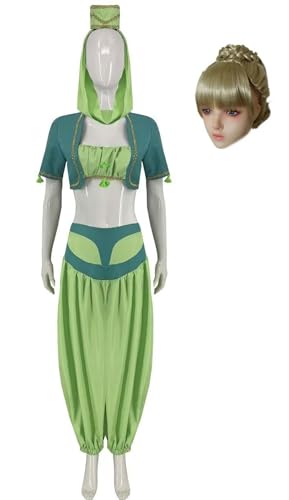Bauxhie I Dream of Jeannie Kostüm für Damen Genie Cosplay Rosa Outfit mit Kopfschmuck Halloween Anzug (Grün + Perücke, XL) von Bauxhie