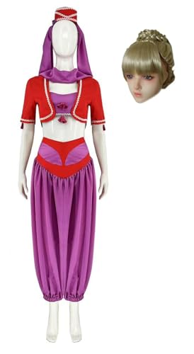 Bauxhie I Dream of Jeannie Kostüm für Damen Genie Cosplay Rosa Outfit mit Kopfschmuck Halloween Anzug (Lila + Perücke, L) von Bauxhie
