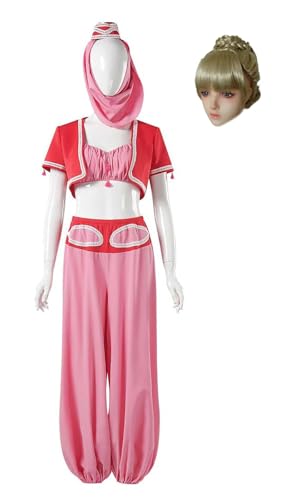 Bauxhie I Dream of Jeannie Kostüm für Damen Genie Cosplay Rosa Outfit mit Kopfschmuck Halloween Anzug (Rosa + Perücke, XXL) von Bauxhie