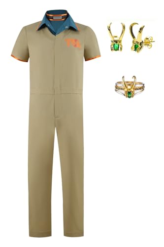 Bauxhie Loki Kostüm Damen Herren Loki Cosplay Gefängnis Jumpsuit Shirt Ring Ohrringe Full Set für Halloween (Damen, M) von Bauxhie