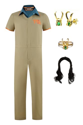 Bauxhie Loki Kostüm Damen Herren Loki Cosplay Gefängnis Jumpsuit Shirt Ring Ohrringe Full Set für Halloween (Damen mit Perücke, XXL) von Bauxhie