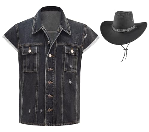 Bauxhie Mens John Marston Vest Arthur Morgan Costume Denim Vest Cowboy Sleeveless Jacket Halloween Cosplay Suit (Dunkelgrau + Hut, XXL) von Bauxhie