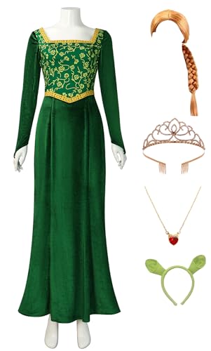 Bauxhie Princess Fiona Kostüm Kinder Mädchen Fiona Kleid Grüner Samtkittel mit Zubehör Halloween Outfits (Grün + Perücke, 13-14 Jahre) von Bauxhie