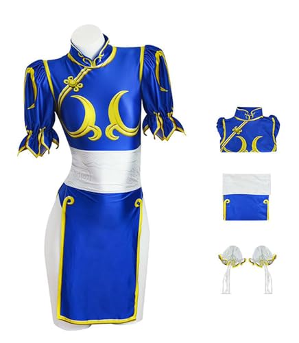 Bauxhie Spiel Chun Li Cosplay Kostüm Damen Chun Li Kleid blau Cheongsam Anzug für Halloween (Blau 2, M) von Bauxhie