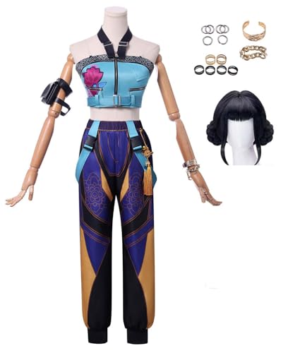 Damen Demon Hunters Kostüm Zoey Cosplay Outfits mit Zubehör Halloween Outfits (Blau + Perücke, S) von Bauxhie