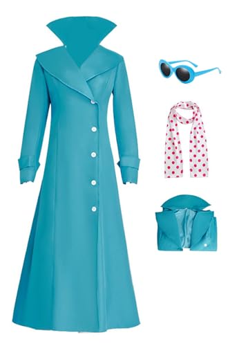 Damen Lucy Wilde Kostüm Blauer Mantel Rosa Tupfen Schal Blaue Rahmen Sonnenbrille Halloween Cosplay Outfits (Blau, M) von Bauxhie