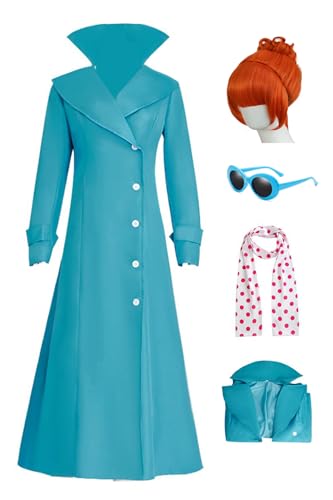 Damen Lucy Wilde Kostüm Blauer Mantel Rosa Tupfen Schal Blaue Rahmen Sonnenbrille Halloween Cosplay Outfits (Blau + Perücke, XS) von Bauxhie
