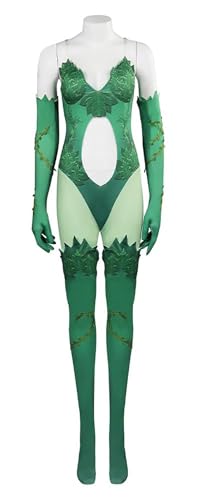 Damen Poison Ivy Kostüm Jumpsuit Bodysuit mit Handschuhen Socken Grüne Blätter Cosplay Anzug für Hallwoeen (Dunkelgrün, L) von Bauxhie