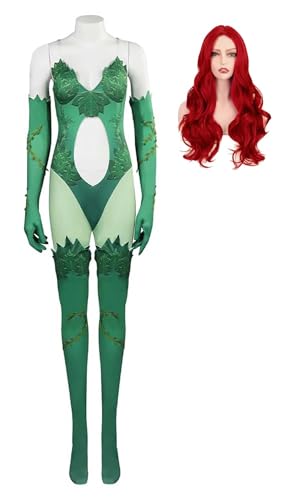 Damen Poison Ivy Kostüm Jumpsuit Bodysuit mit Handschuhen Socken Grüne Blätter Cosplay Anzug für Hallwoeen (Dunkelgrün + Perücke, S) von Bauxhie