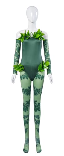 Damen Poison Ivy Kostüm Jumpsuit Bodysuit mit Handschuhen Socken Grüne Blätter Cosplay Anzug für Hallwoeen (Grün, XXL) von Bauxhie