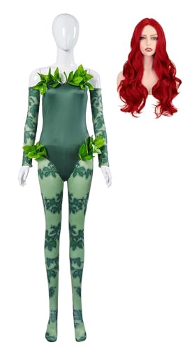 Damen Poison Ivy Kostüm Jumpsuit Bodysuit mit Handschuhen Socken Grüne Blätter Cosplay Anzug für Hallwoeen (Grün + Perücke, S) von Bauxhie