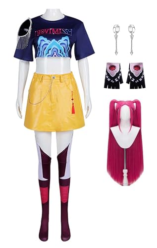 Demon Hunters Kostüm Mira Cosplay Uniform Outfits Oberteil Rock Socken mit Handschuhen Damen Halloween Anzug (Blau + Perücke, S) von Bauxhie