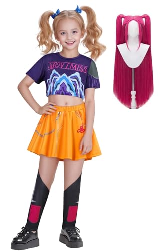 Demon Hunters Kostüm Rumi Cosplay Jacke Shorts Anzug Zoey Outfits Mira Bühnenuniform Anzug für Halloween (Blau + Perücke, XXL) von Bauxhie