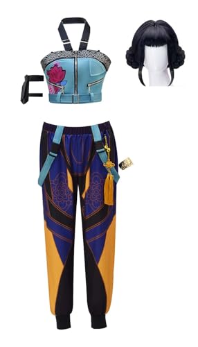 Erwachsene Frauen Zoey Demon Hunters Outfits Goldene Performance Uniform Komplettset für Halloween (Blau + Perücke, M) von Bauxhie