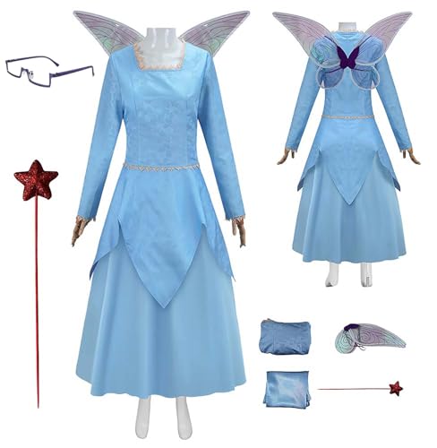 Fairy Godmother Kostüm Erwachsene Blau Kleid Brille Flügel Zauberstab Komplettset für Hallwoeen (Blau, XXL) von Bauxhie