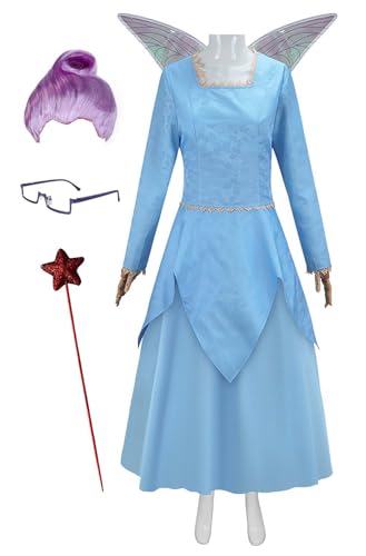 Fairy Godmother Kostüm Erwachsene Blau Kleid Brille Flügel Zauberstab Komplettset für Hallwoeen (Blau + Perücke, M) von Bauxhie