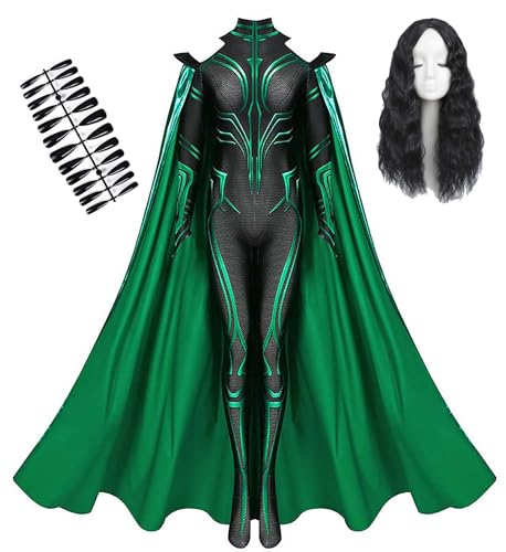 Womens Goddess Hela Cosplay Kostüm Jumpsuit Bodysuit Mantel Nagelspitzen Full Set für Halloween (Grün+ Perücke, 3XL) von Bauxhie
