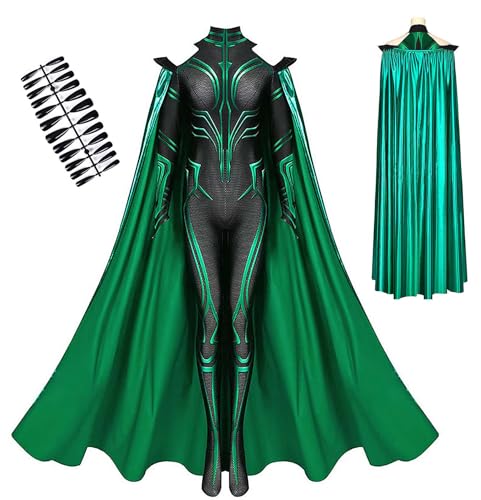Womens Goddess Hela Cosplay Kostüm Jumpsuit Bodysuit Mantel Nagelspitzen Full Set für Halloween (Grün, M) von Bauxhie