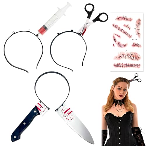 Bavooty 3 Stück Halloween Horror Haarreif,Messer im Kopf,Blutige Haarreif,Halloween Haarschmuck,Spritze,Schere,Messer,mit Zombie Scars Tattoo,Kostüm Accessoire für Party Cosplay Bavooty 3 Stück Halloween Horror Haarreif,Messer im Kopf,Blutige Haarreif,Halloween Haarschmuck,Spritze,Schere,Messer,mit Zombie Scars Tattoo,Kostüm Accessoire für Party Cosplay von Bavooty
