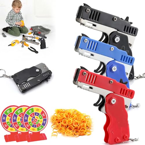 Mini Gummibandpistole Aus Metall,Spielzeug Pistole Kinder,Gummibandpistole Spielzeug,Faltbare Handgefertigte Spielzeugpistole,Klappbare Gummiband Pistolen Spielzeuge,Schwarz,Blau,Rot,3pcs von Bavooty