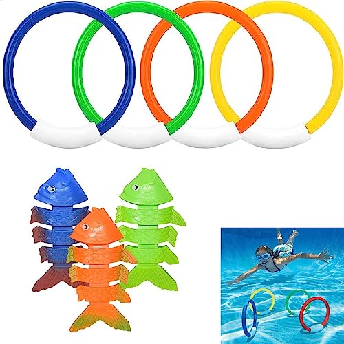Tauchspielzeug für Kinder,Unterwasser Tauchbecken Spielzeugset,Tauchen Spielzeug,Unterwasser-Pooltraining,Unterwasser Pool Spielzeug Set,4 pcs Tauchringe mit 3 pcs Tauchende Fischgräte,für Kinder von Bavooty